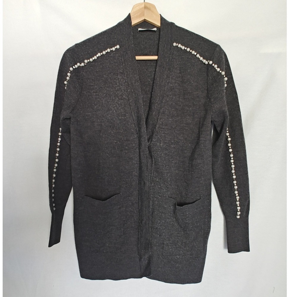 SANDRO‎ Cardigan Pearl Crystal Trimmed Wool Blend Sweater Gray 0 XS Relaxed Fit